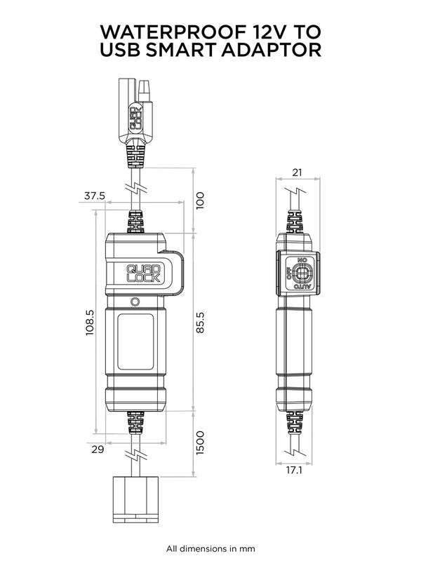 Adaptador impermeável QUAD LOCK de 12V a USB - Motoboxe